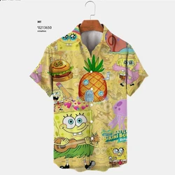 Camiseta de manga corta con estampado de Bob Esponja para hombre, camisa veraniega de estilo Harajuku, informal, versátil, con solapa, a la moda, novedad de 2024