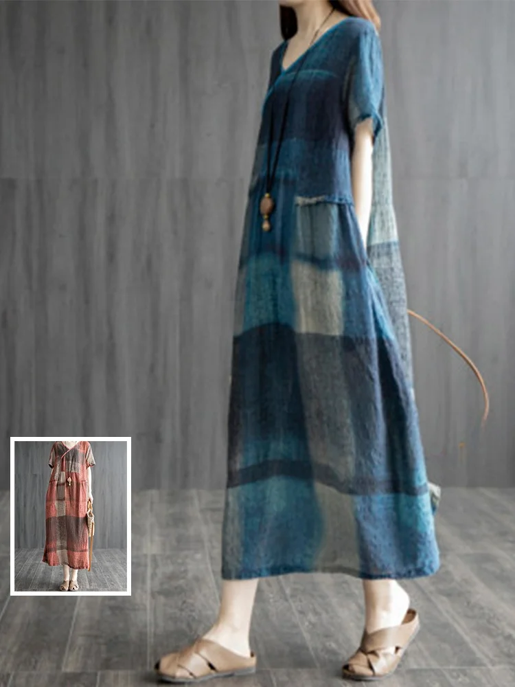 

Хлопково-льняное льняное платье в клетку в стиле ретро, женское летнее платье большого размера в стиле пэчворк с v-образным вырезом Ele Long Dr