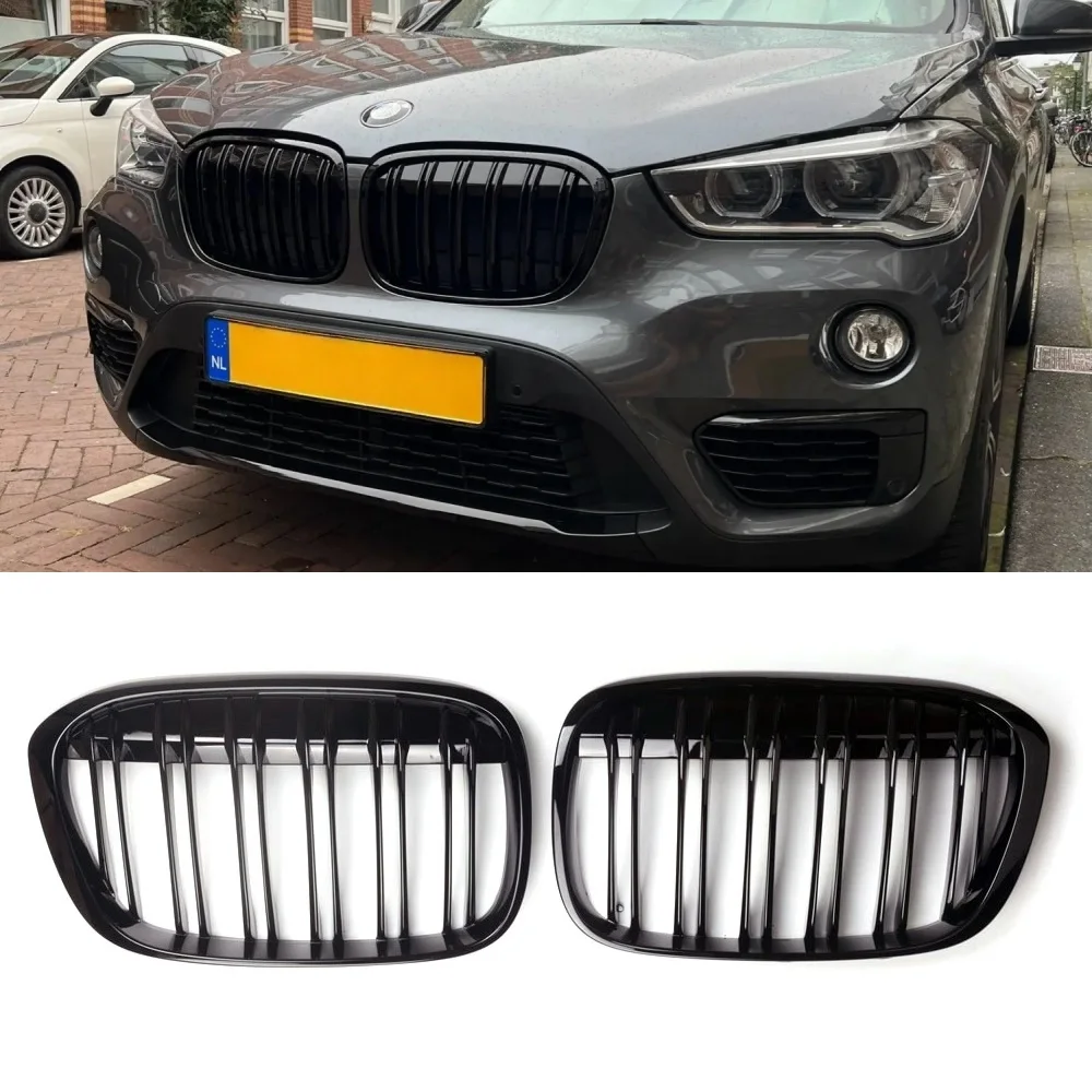 

Double Line Car Front Bumper Kidney Grill Grilles For BMW X1 F48 F49 2016 2017 2018 2019 2020 M Style Racing Grille Glossy Black
