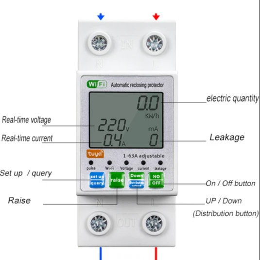 5pcs ty Wireless Connectivity Micro Circuit Breaker 63A Power Metering MCB Overload protection 2P air Switch with Screen Display