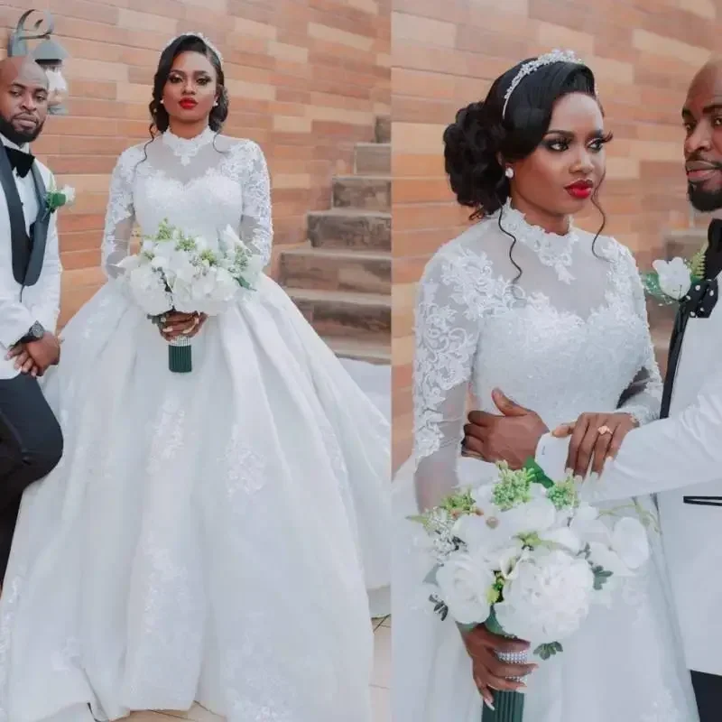 Personalizado plus size muçulmano vestidos de casamento branco elegante rendas vestidos de noiva sheer mangas compridas africano uma linha vestido de novia