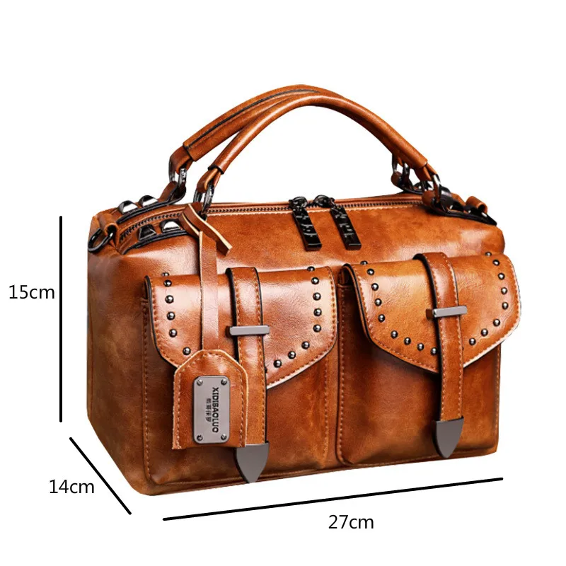 Johnature Retro Oil Wax Leather Women Bag 2024 New Rivet Luxury Handbag Solid Color Large Capacity Shoulder & Crossbody Bags