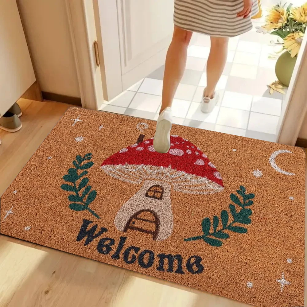 Welcome Retro Floral Doormat Orange Coir Non-Slip Entryway Mat Colorful Flower Design Carpet for Entryway Kitchen Living Room - view 2