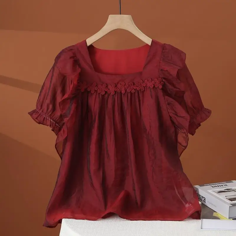 

Elegant Thin Ruffles Lace Patchwork Blouse New Summer Short Sleeve Loose Solid Vintage Shirt Tops Fashion Casual Women Clothing