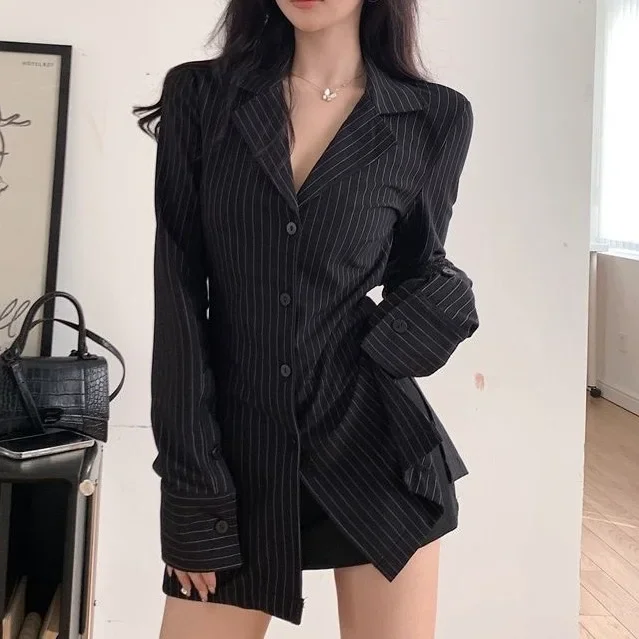 Black Striped Blouses Women Korean Sexy V-Neck Slim Shirts Office Lady Fashion Elegant Long Sleeve Tunics Casual Tops New