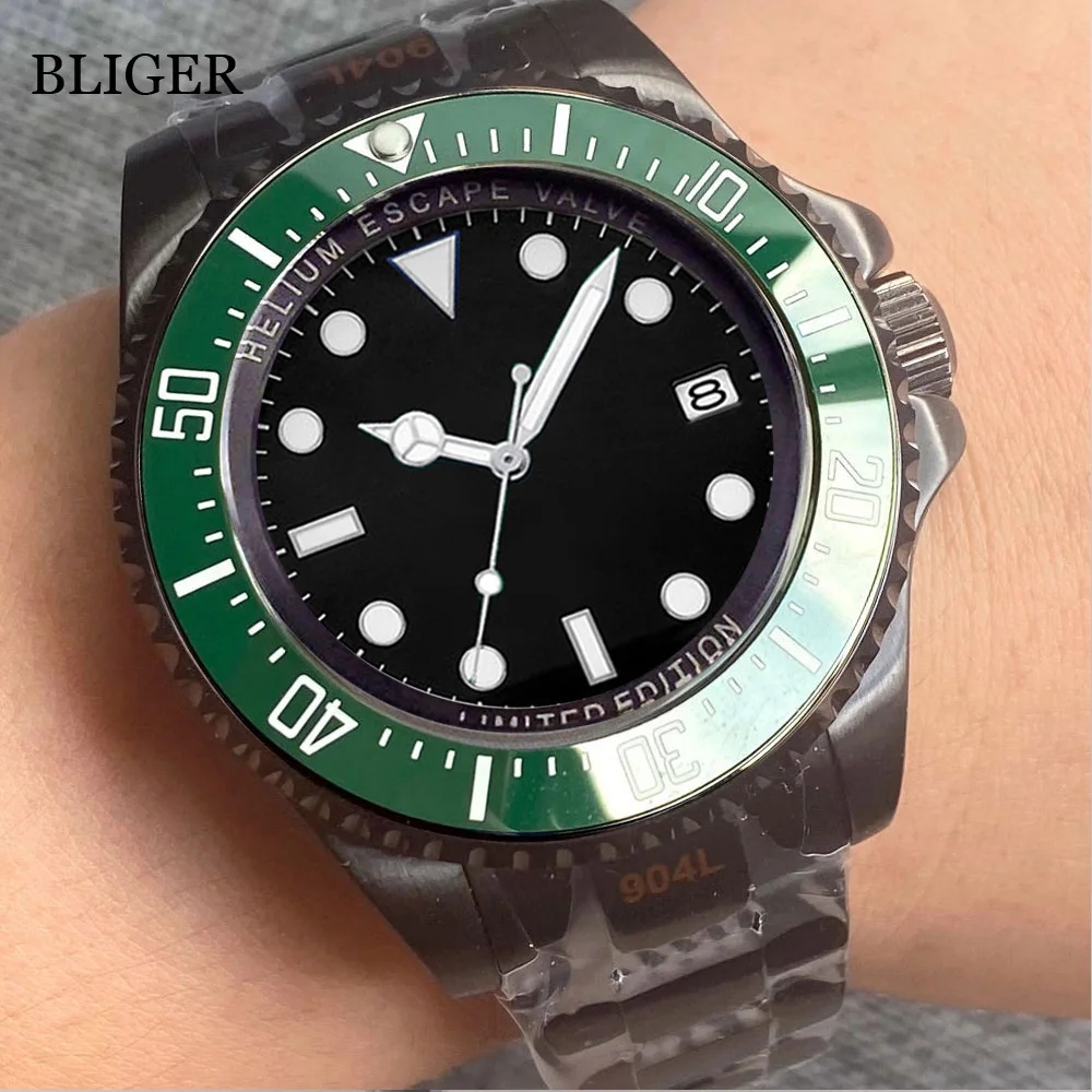 BLIGER Black PVD Case 43mm Mechanical Men Watch Rotating Bezel Ceramic Insert 24 Jewels NH35A MIYOTA 8215 PT5000 Steel Strap