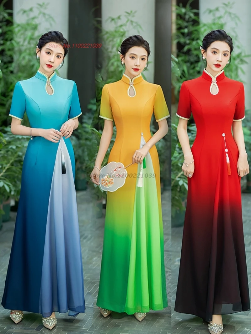 

2025 vietnam traditional dress improved qipao traditional gradient color vietnam folk dress oriental banquet evening qipao dress