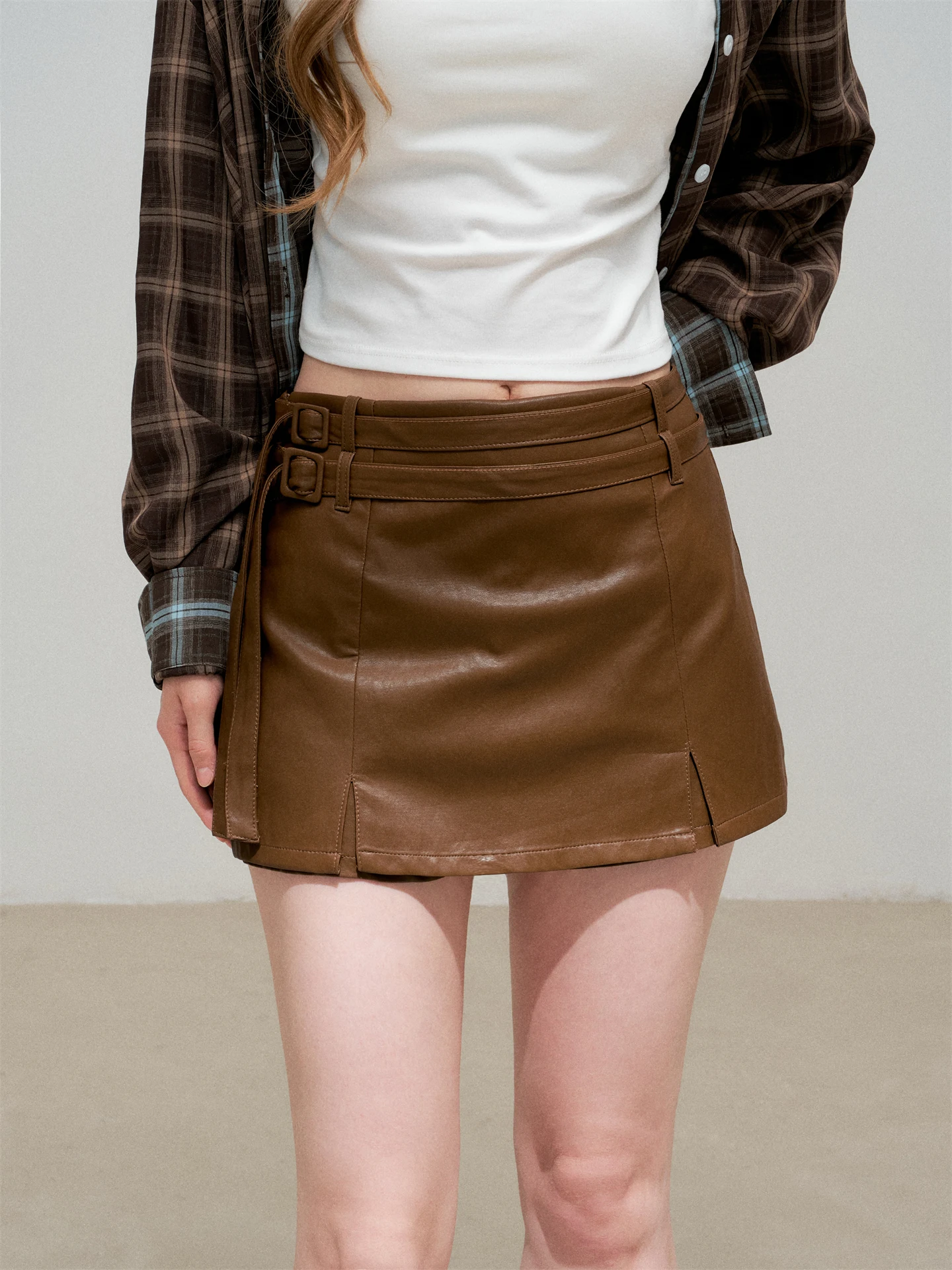 

Deep Brown PU Leather High Waist A-Line Skirt with Dual Belt Ladies Casual High Waist Skirt Spring Autumn Season