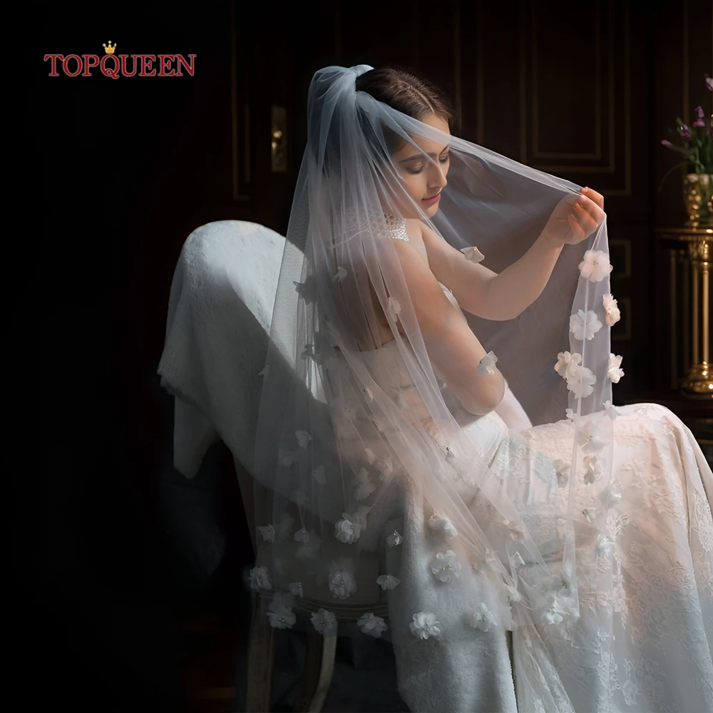 TOPQUEEN nuevo velo Floral 3d boda una sola capa dedo velo largo Novia Velos De Novia Lujo 2024 vestido De Novia novia V229