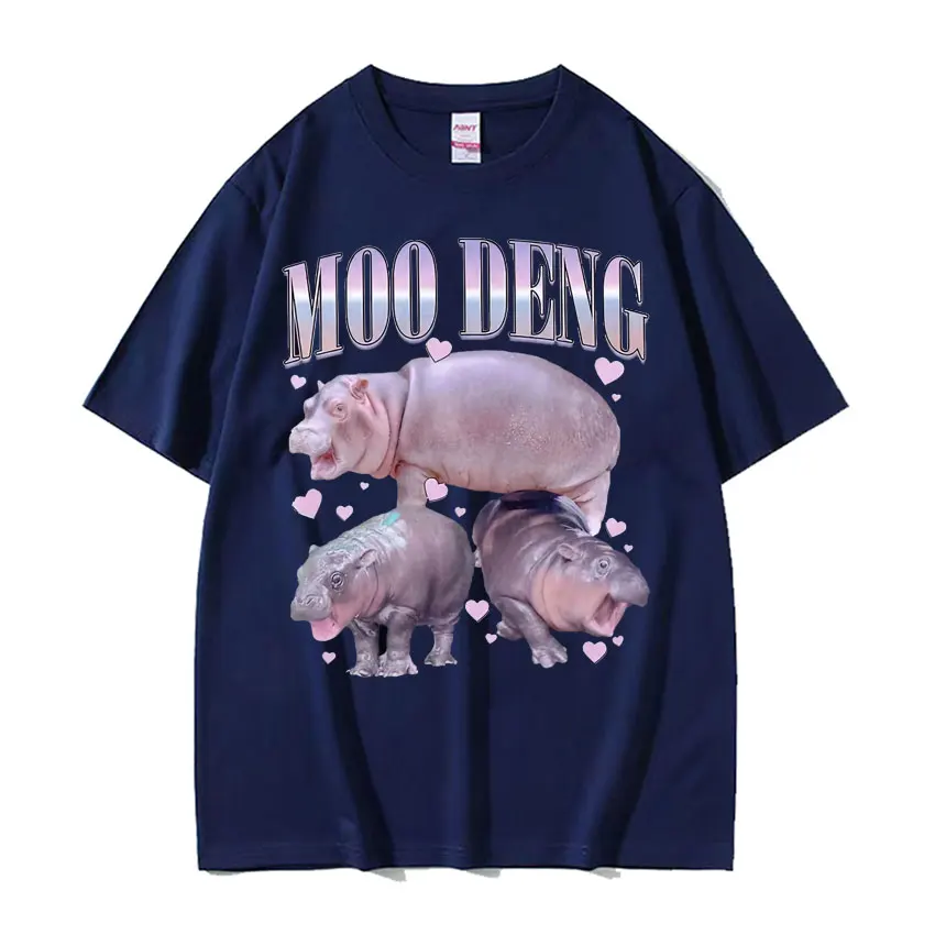 Moo Deng Pink Love Funny Cute Hippo Family T Shirt Men Clothing Harajuku Trend T-shirt Unisex Summer Pure Cotton Vintage Tshirts