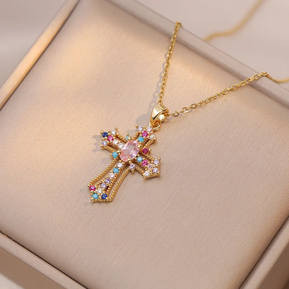 Y2K Style Jewelry Necklace Set with Colorful Round Small Rhinestones and Pink Drop-shaped Large Rhinestone Cross Necklace