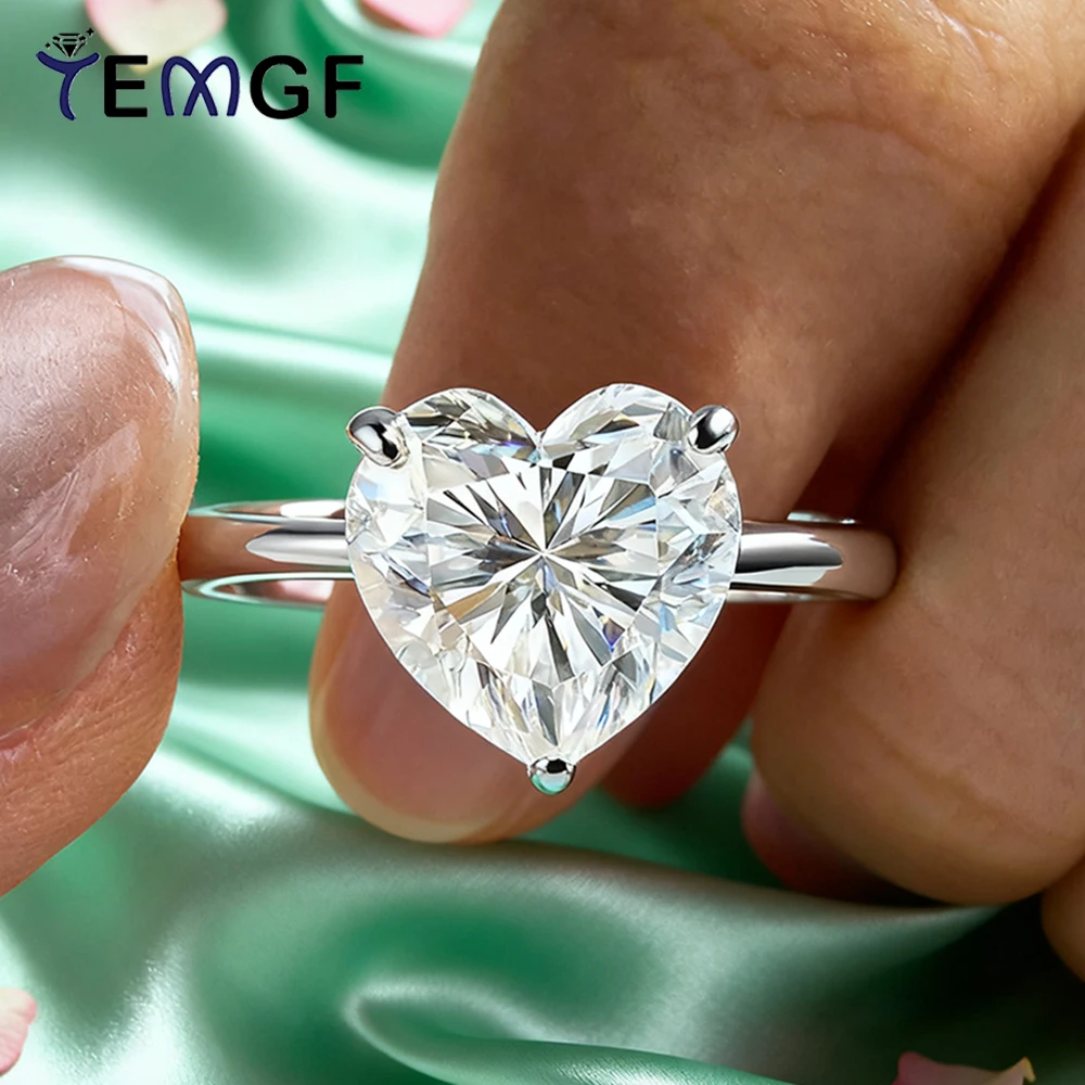 

Кольцо TEMGF с муассанитом в форме сердца 10 мм, сертификация GRA S925, серебряная основа для женщин, классическое элегантное предложение, свадебные ювелирные украшения
