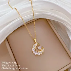 Fashion Gorgeous Love Heart Moon Zircon Pendant Stainless Steel Necklace for Women Lovers Best Romantic Jewelry Accessories
