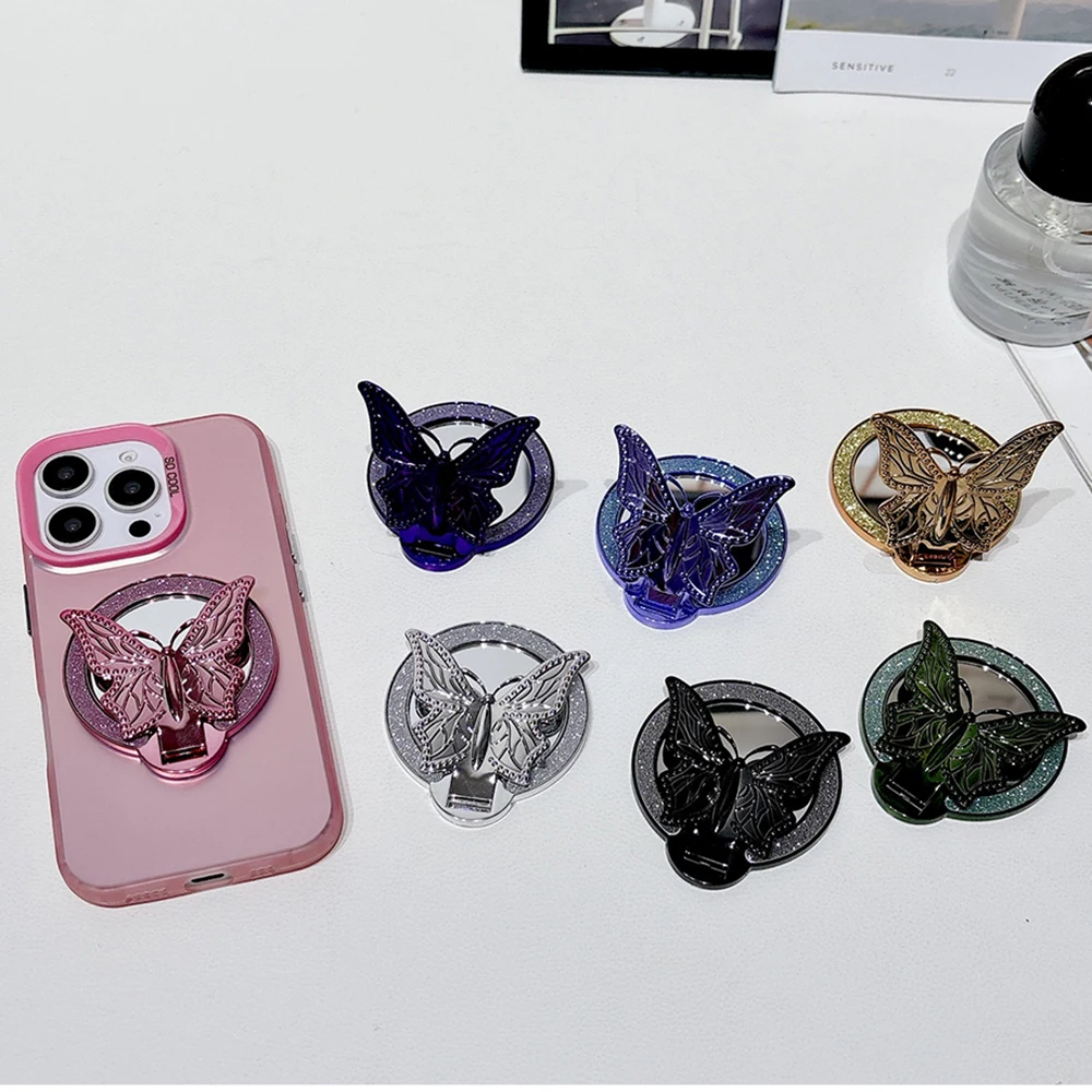 

Блестящий пластиковый кронштейн для кольца-бабочки на палец, ручка для мобильного телефона для iPhone 17 16, Samsung Xiaomi Redmi, подставка для зеркала для макияжа, держатель