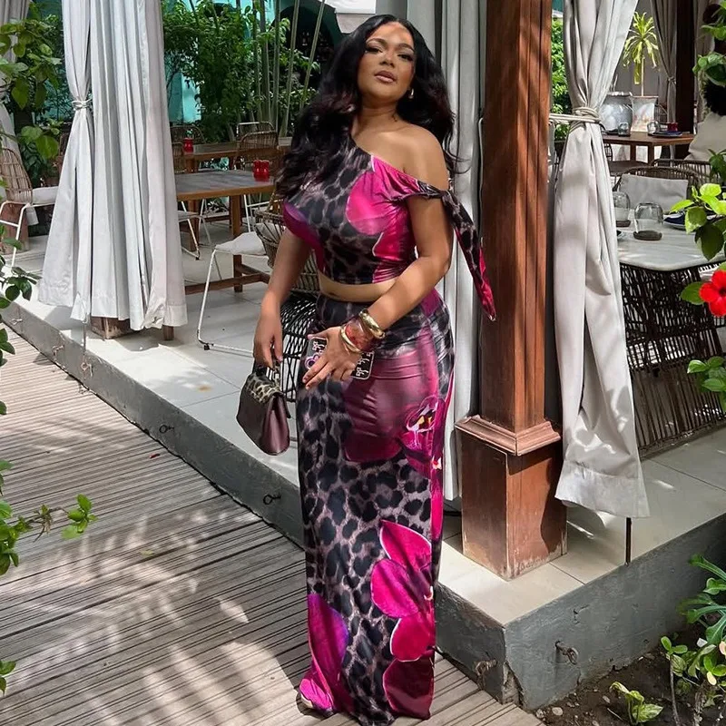 Women's Leopard Floral Print Lace-up One-Shoulder Diagonal Collar Sleeveless Crop Tops & Hips Wrapped Long Skirt, Sexy, 2pcs Set
