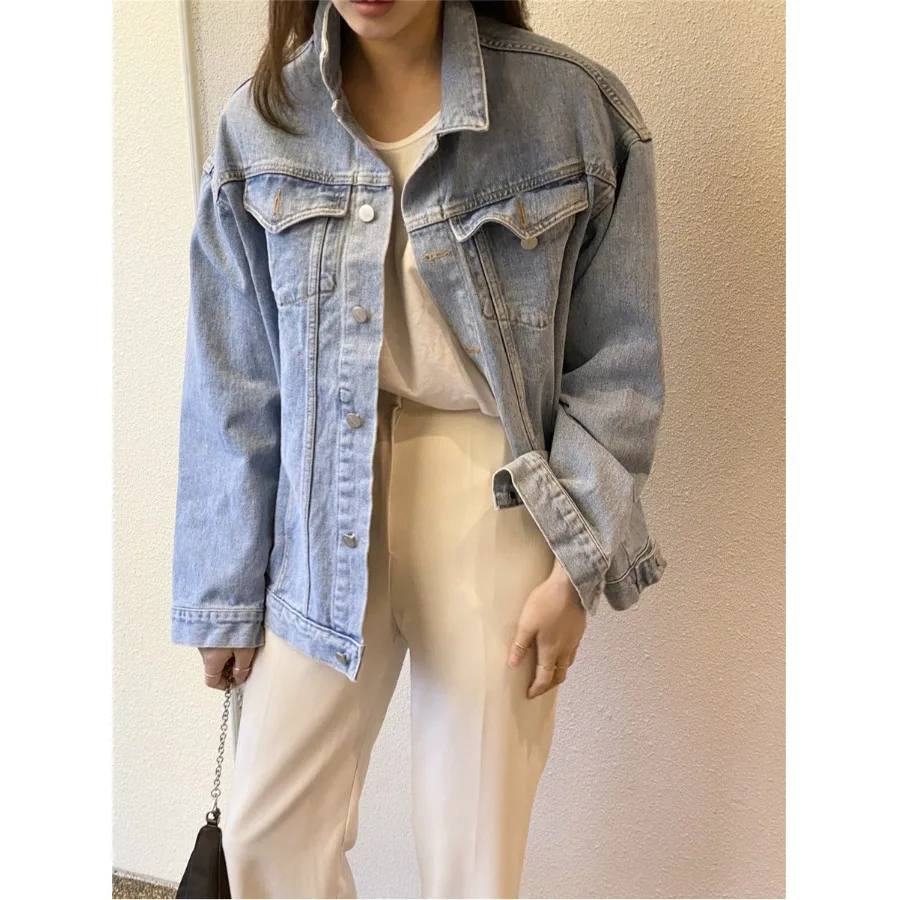 

Ретро-куртка из денима свободного кроя с эффектом потертости, корейский стиль, базовая повседневная универсальная женская короткая куртка, весна 2026