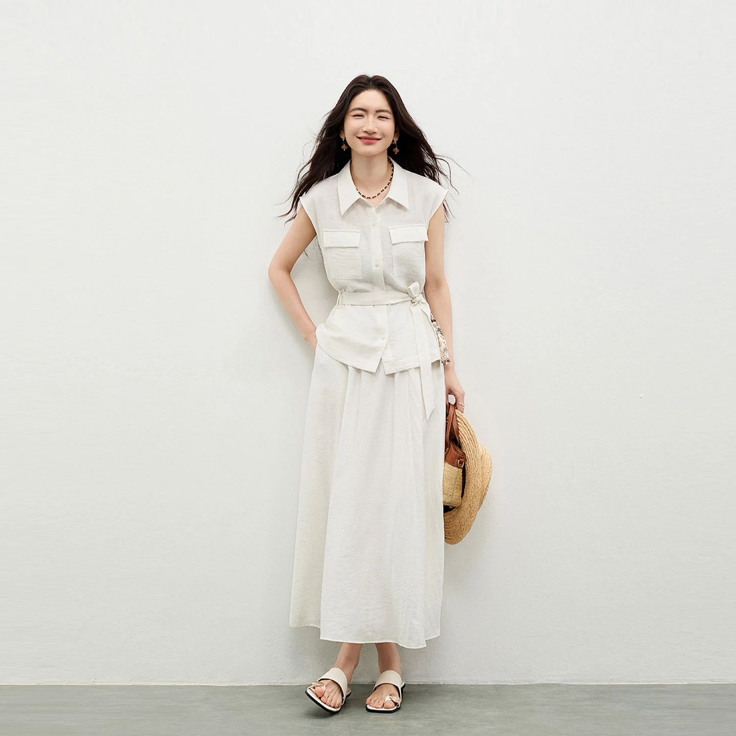 

SENTUBILA Commute 2 Piece Set Women 2026 Detachable Belt Print Scarf Sleeveless Shirt Elastic Waist A-Line Skirt Sets 162ZA6193Z