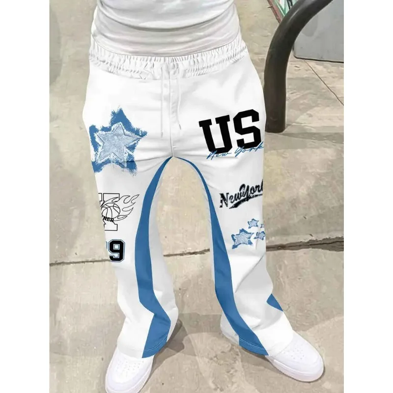 Men's Casual Street Style Trendy Cross Print Fashionable Slightly Flared Black and White Color-Block Design Sweatpants Men Pants