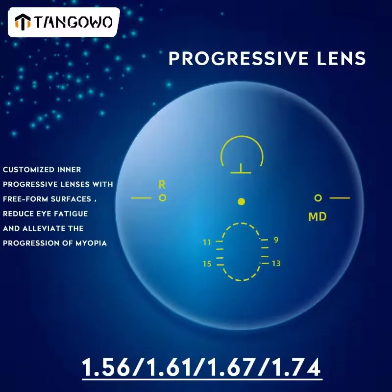 

TANGOWO 1,56 1,61 1,67 1,74 HMC Антибликовые Асферические прогрессивные многофокусные оптические линзы с защитой от царапин