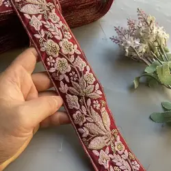 1 Yard Wine Red Embroidery Flowers Sequin Fabric Gold thread Lace Ribbon Ethnic Clothing Dress Sewing Trims Craft Decoration New