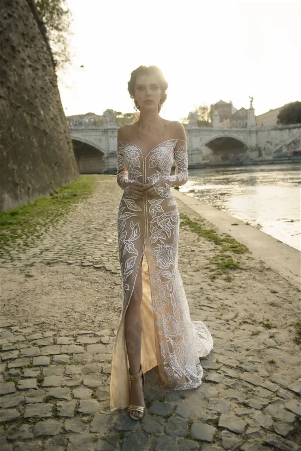 Robe de Mariée Sirène Boho à Manches sulfpour Patients, Tenue de Soirée de Plage en Tulle, Dos aux