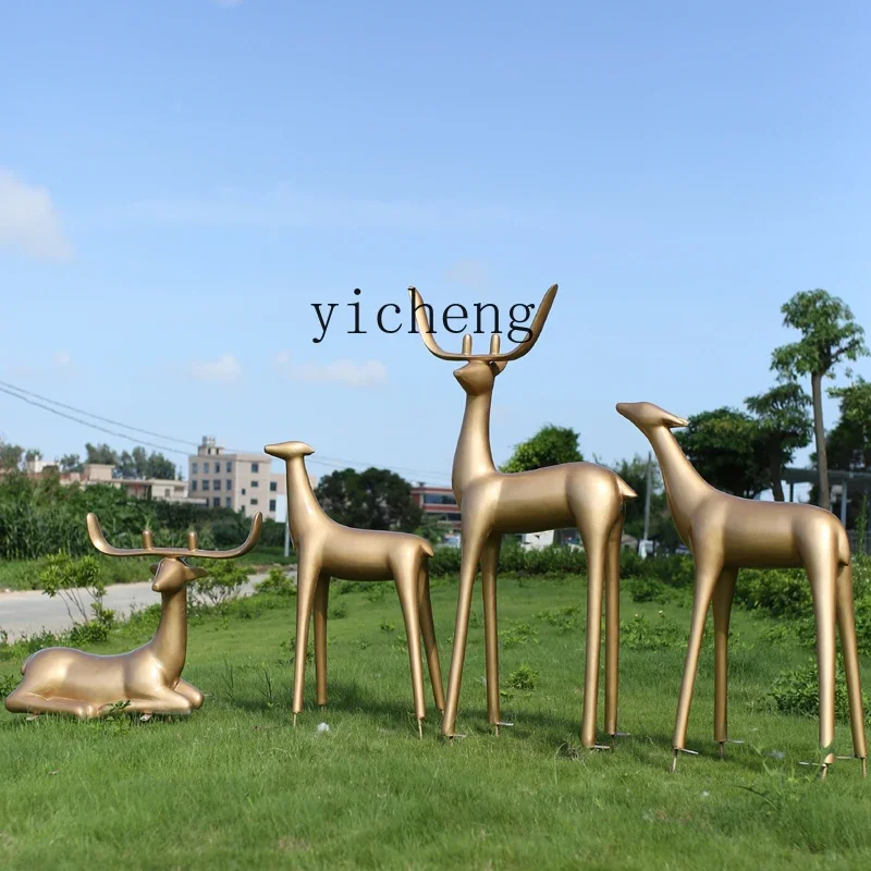 

ZC outdoor abstract sika deer fiberglass sculpture new Chinese lawn landscape imitation copper deer golden deer ornament