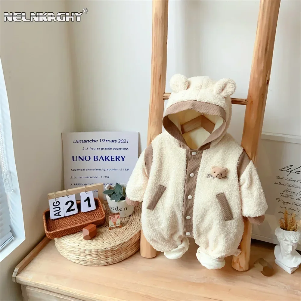 2023 Winter Kids Baby Boys Cute 3D Bear Color Blocking Romper - Infant Newborn Thicken Plush Keep Warm outwear,Toddler jumpsuits