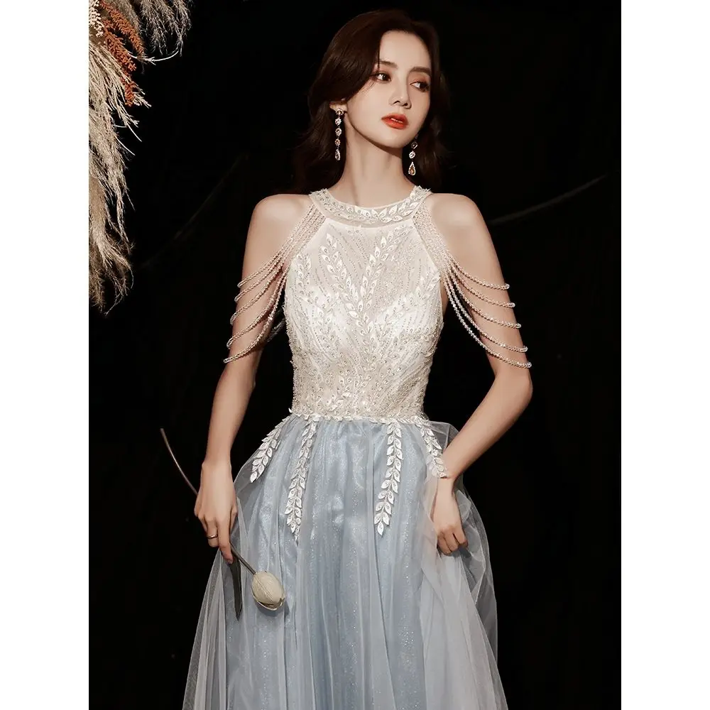 

RONGKUN Temperament Halter Prom Dresses Blue Beading Tassel Appliques Floor-Length Sequin Lace Birthday Party Evening Gowns New