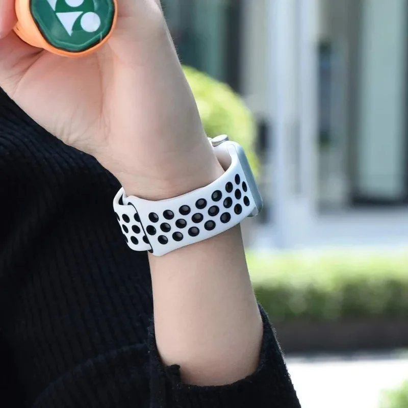 듀얼 컬러 스포츠 실리콘 시계줄, 통기성 디자인, 편안함, 퀵 릴리즈, 땀 방지, 애플 워치 밴드용