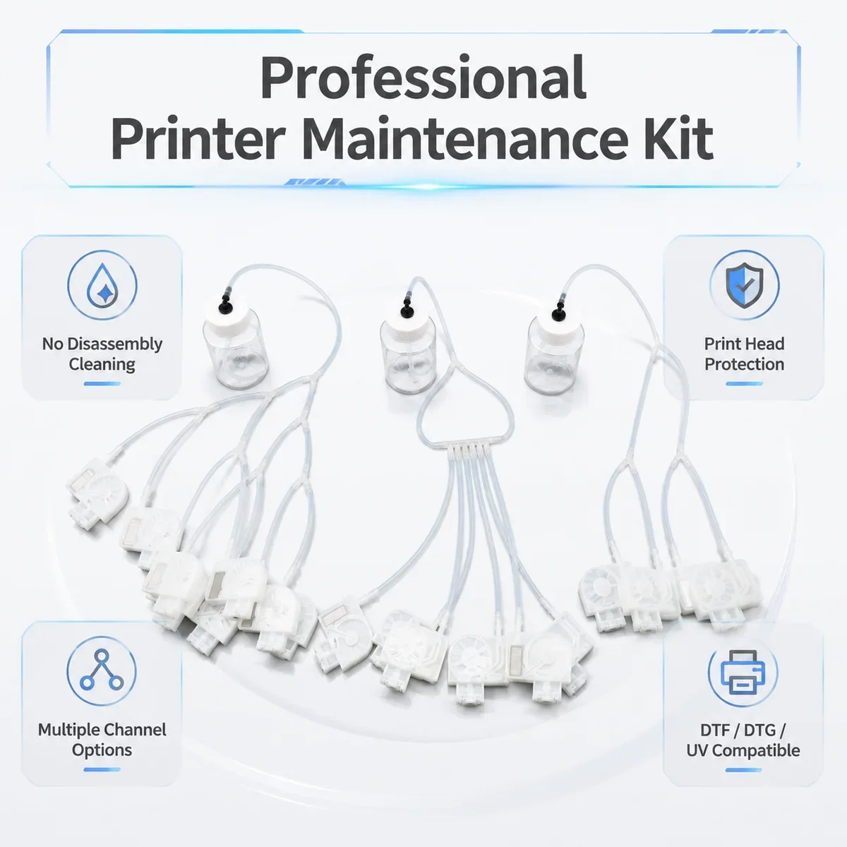 4 6 8 Channel Printhead Cleaning Humidifying Kit No-Remove 100ML for DTF DTG UV Printer I3200 I1600 DX5 Unclog Maintenance Tool