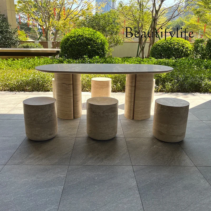 M Wabi Sand Wind Natural Travertine Marble Dining Table Long Dining Table Modern Villa Model Room Western Restaurant