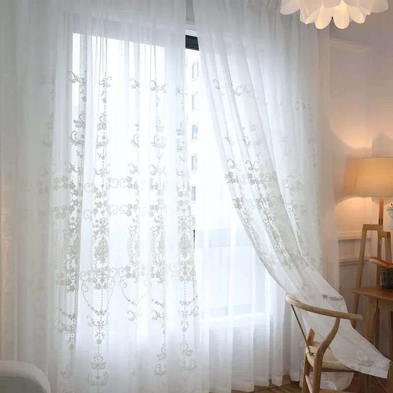 European Style Voile Tulle Sheer for Bedroom Living Room Windows Curtain High-grade White Embroidery Flower Screens