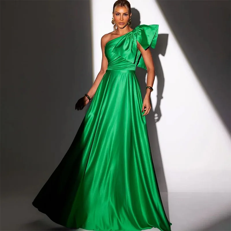 

Vintage Long One Shoulder Green Prom Dresses with Bow A-Line Floor Length Formal Evening Dresses Vestido de baile for Women