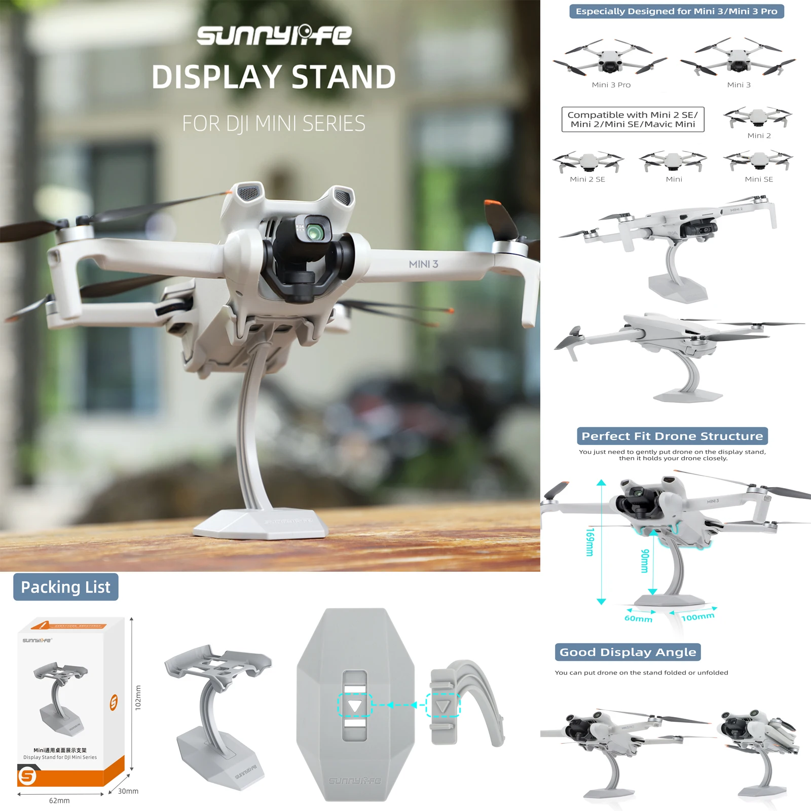 Sunnylife Soporte de exhibición de escritorio Soporte de base de montaje para drones Accesorios para DJI Mini 3 Pro/Mini 3/Mini 2 SE/Mini 2/Mini SE/Mini