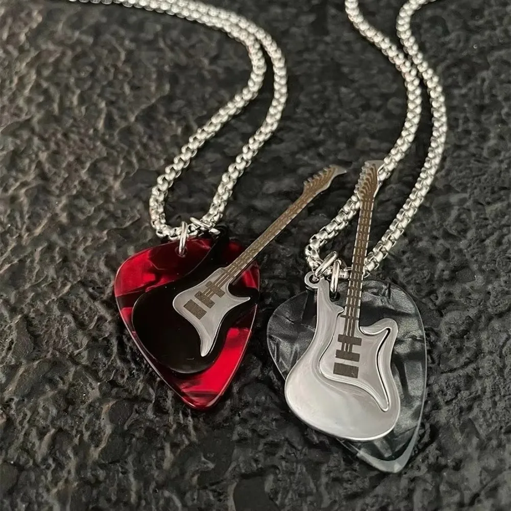 Hip-hop Guitar Pick Pendant Necklace Titanium Steel Trendy Guitar Chain Choker Punk Vintage Electric Guitar Sweater Chain Couple