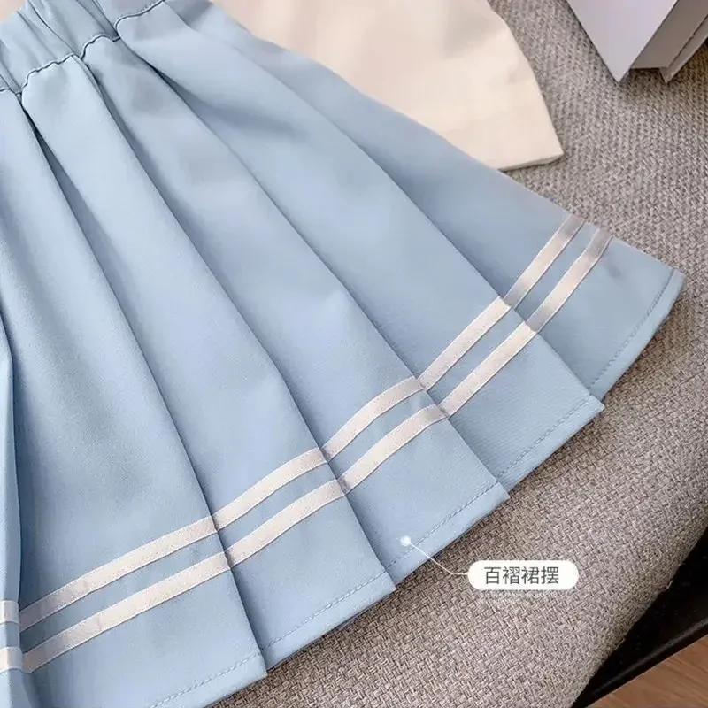 2024 Summer Kawaii Shirt Pleated Skirt Girls Clothing Cute Blue Pink Short Sleeve JK Student Uniform 2 Pieces 4 To 15 Years Old