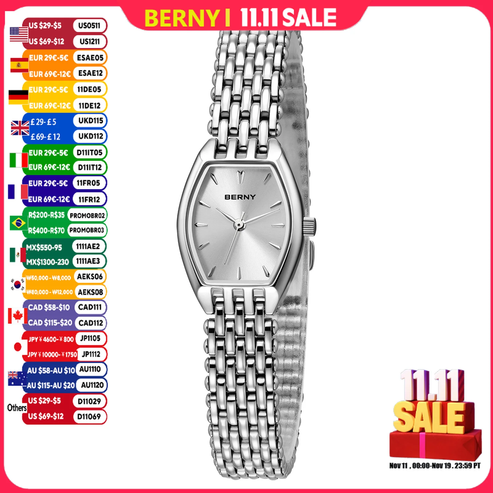 

Часы BERNY для женщин, ультратонкие элегантные женские кварцевые часы, повседневные модные легкие наручные часы из нержавеющей стали