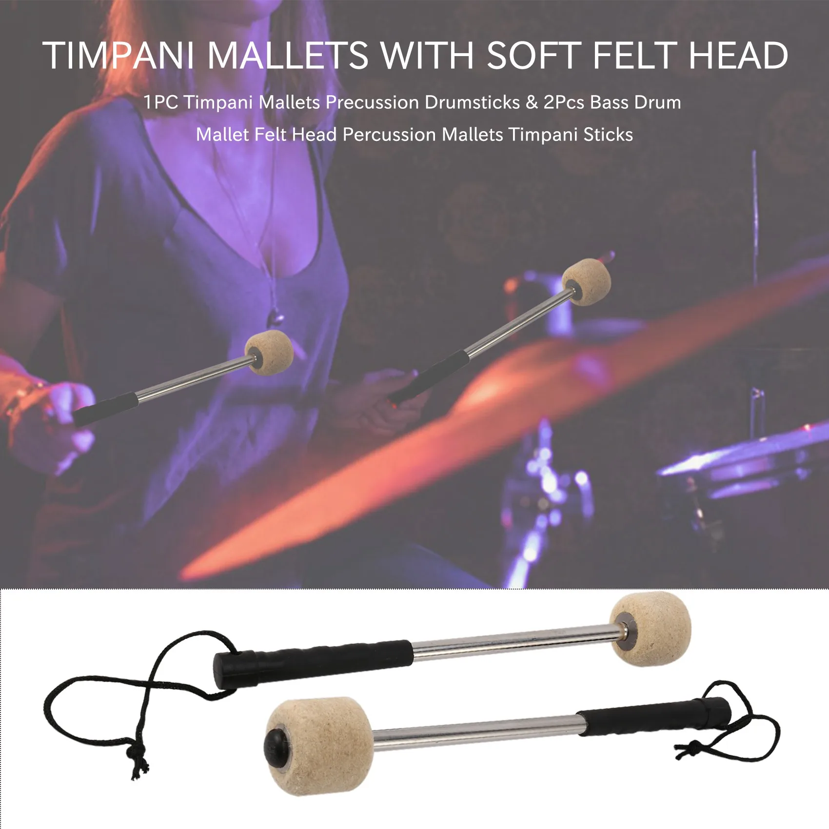 2Pcs Bass Drum Mallet Felt Head Percussion Mallets Timpani Sticks with Stainless Steel Handle,White HGC