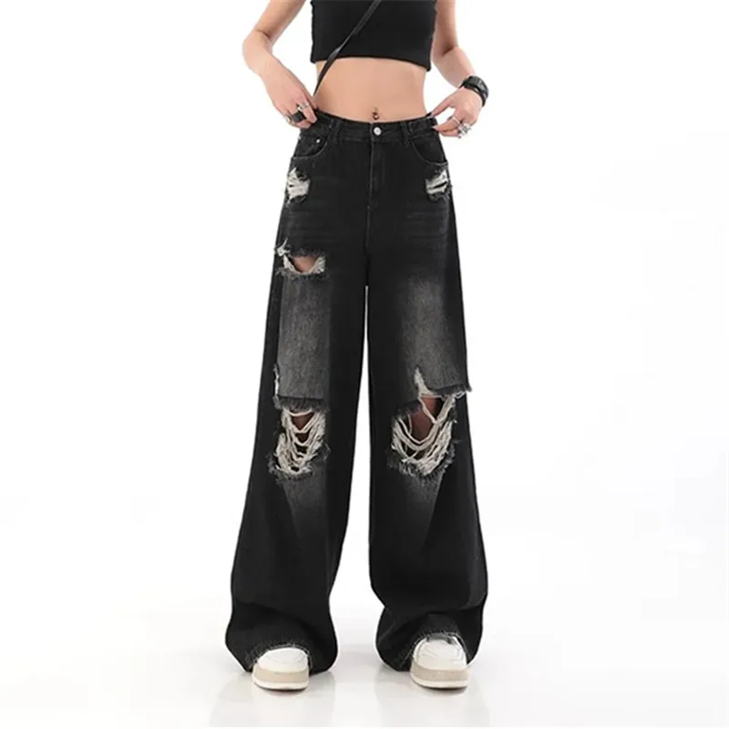 

American High Street Black Ripped Jeans Women's Summer Autumn New Ins Fashion Straight Wide Leg Pants Trousers Female Clothing