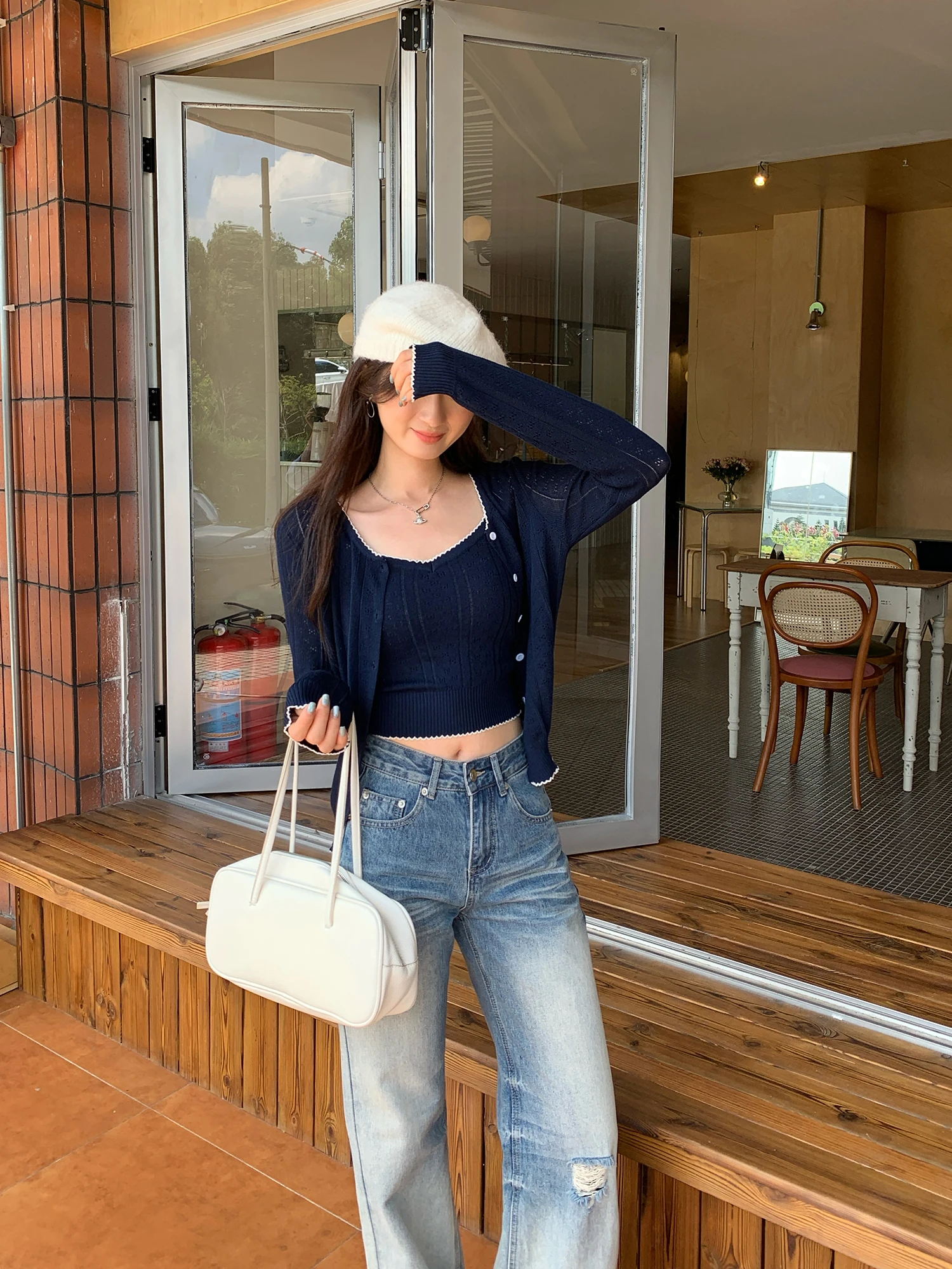 Beautiful Hollow out Long Sleeve Knitted Cardigan Two Piece Set Women's Early Autumn Korean Style Small Set Breathable Regula...