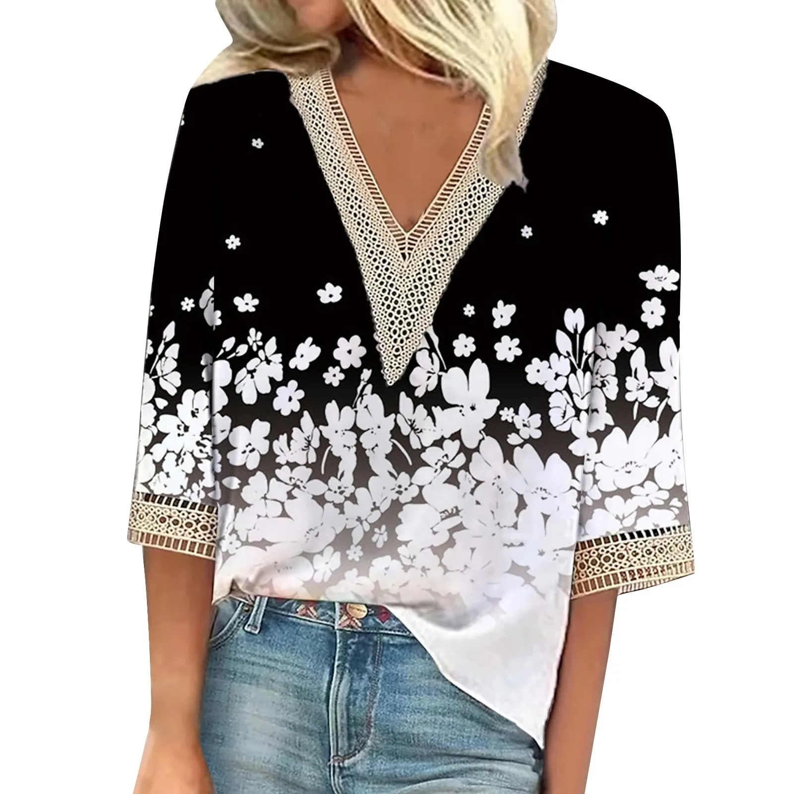 2024 new Women\'s Blouse Casual Loose Shirts three quarter Sleeves Lace Trims Print V Neck Tops Print fashion Tops T-shirts Tee