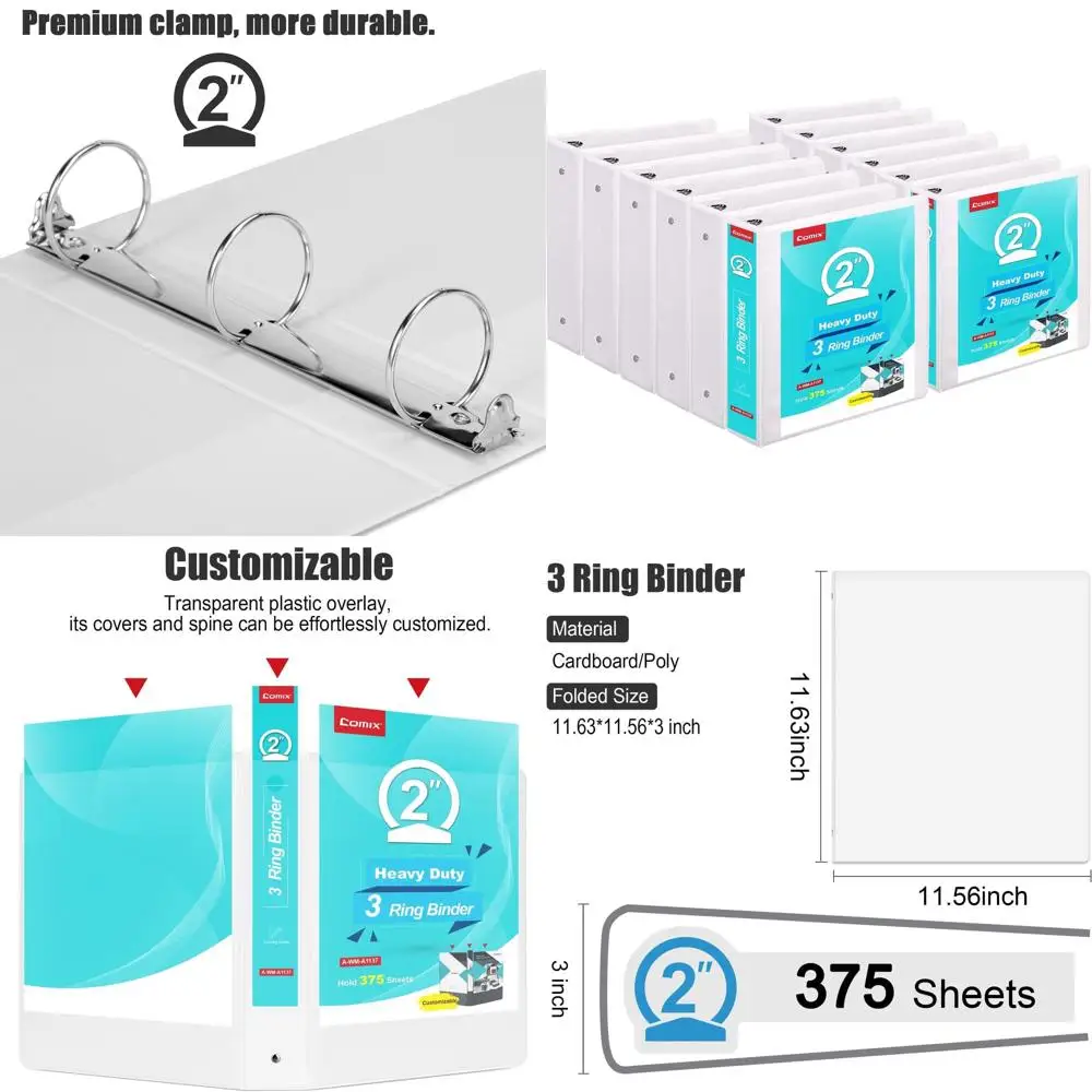 

2 Inch Heavy-Duty 3-Ring Binder, Holds 400 Sheets 8.5 x 11 Paper, Clear PVC Cover & Label, 2 Pockets, 12-Pack White