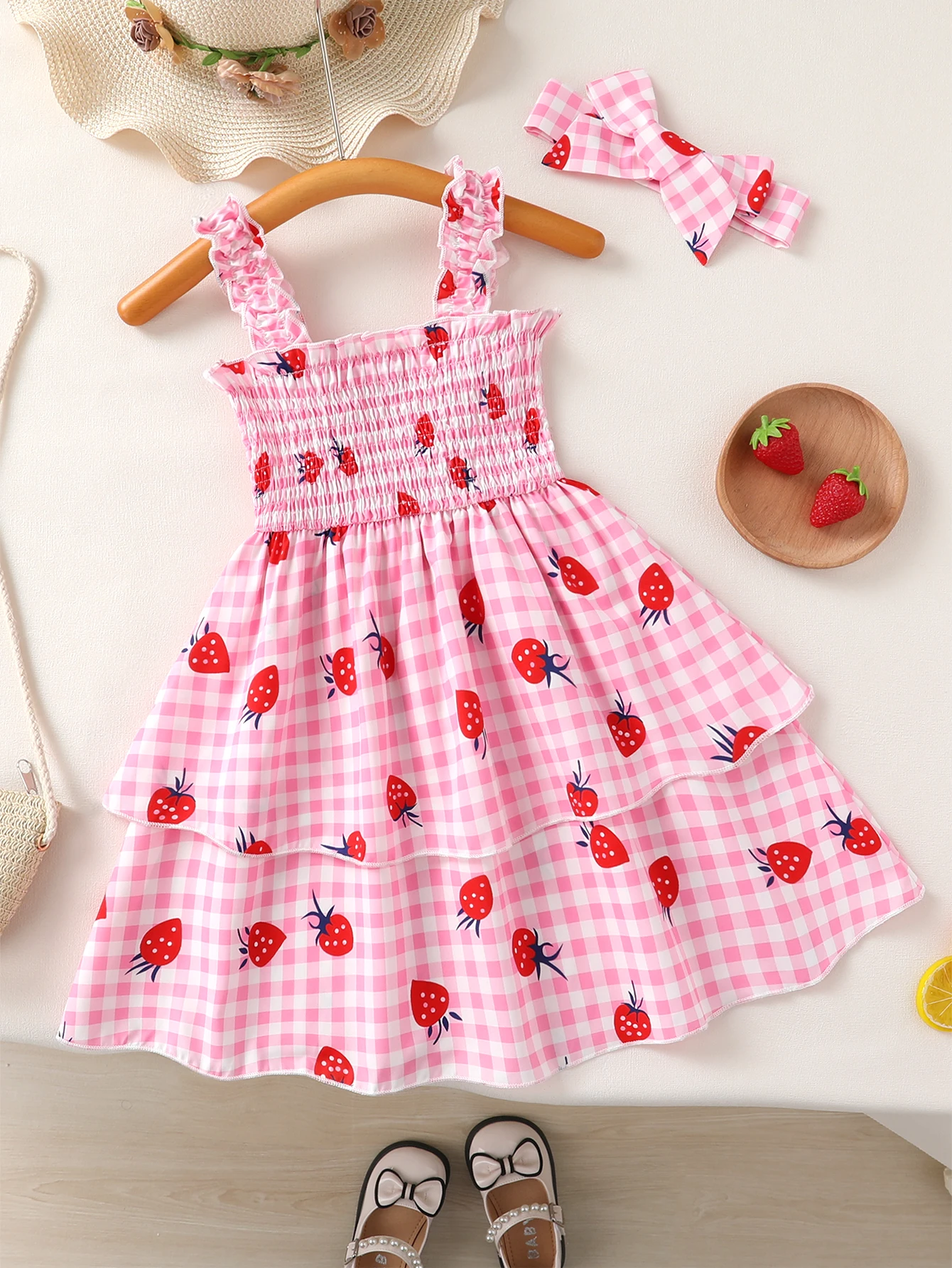 2pcs Toddler Girls' Cute Summer Strawberry Print Smocked Spaghetti Strap Sundress with Matching Headband