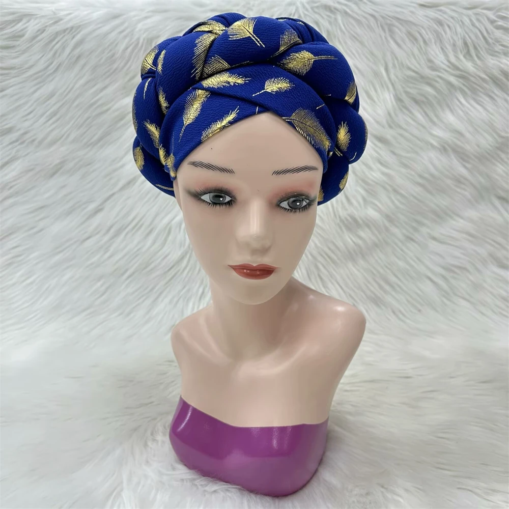 African Women Shiny Turban Polyester Gold Printed Turban Headband Hat Breathable Headwear Hair Accessories Nigeiran Turban