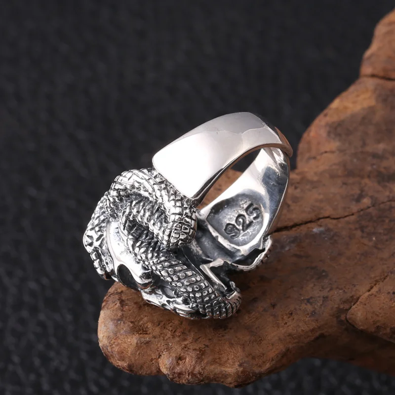 BOCAI NEW S925 Sterling Silver Jewelry Retro Thai Silver Domineering Skull Head Snake Ring for Men Fashionable Accessories