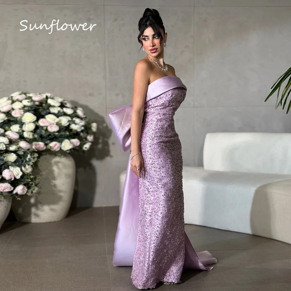 Sunflower Purple Beading Strapless Satin Mermaid Prom dress 2024 Slim Backless Bow Floor-Length Evening Dress Party Dress