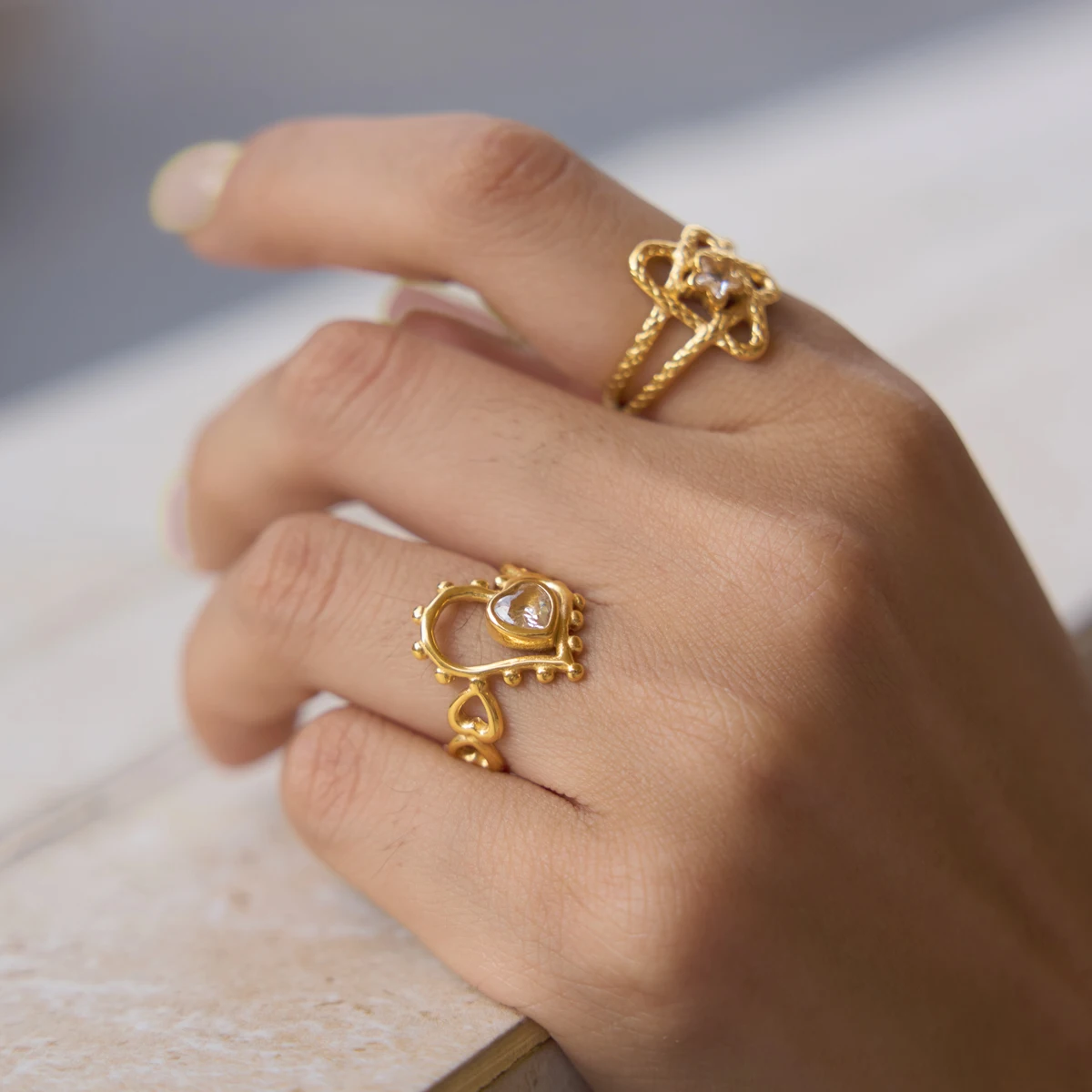 Yori Chic Pentagram Zircon Openwork Double-layer Ring Water Resistant 18k Pvd Plated Trendy Exquisite Finger Cz Jewelry