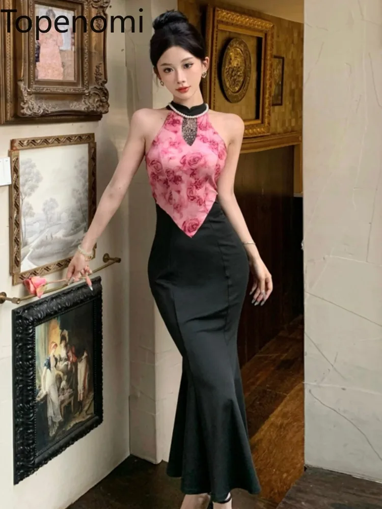 

Topenomi Elegant Spliced Print Halter Evening Dresses Women Slim Fit Waist Mermaid Vestido Summer Sexy Banquet Party Robe Dress