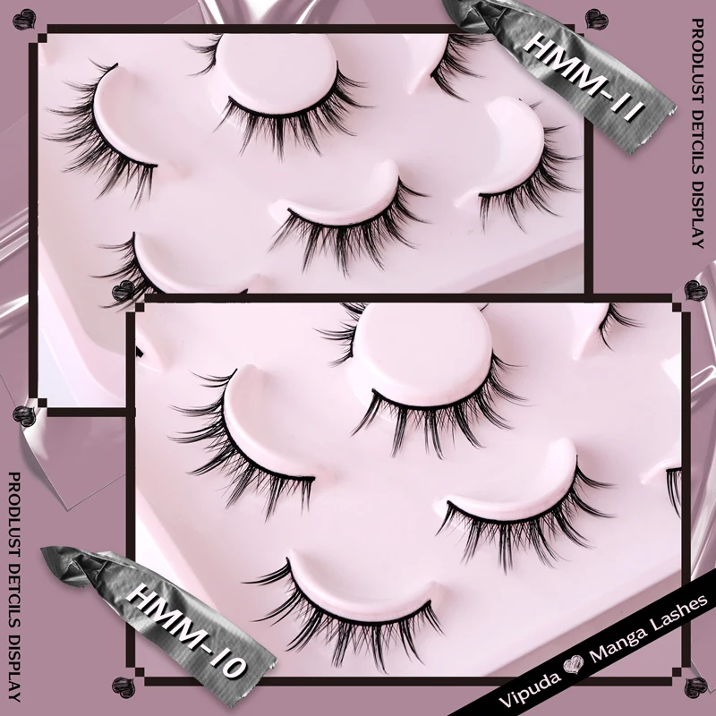 5Pairs Manga Lashes Natural Look Anime Lashes Thin Band Natural Spiky 3D Faux Mink Lashes Short Fluffy Soft Cross Cute Lashes