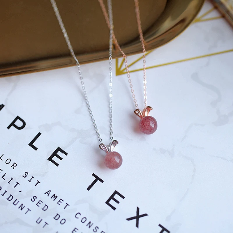 Collar de cristal de fresa de conejo de plata esterlina para niña, colgante de flor de melocotón de oro rosa, joyería linda de estilo japonés de verano